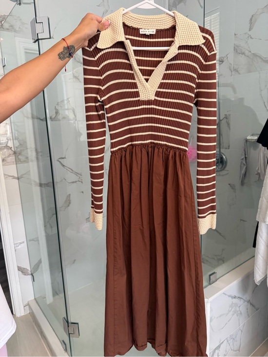 Moon River Dresses & Skirts - Moon River Brown and Cream Striped Knit-Collar Midi Dress